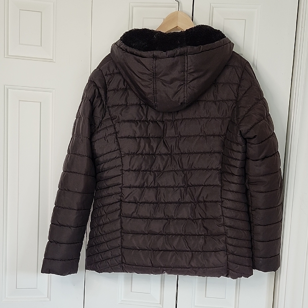 US Polo Assn Black Hooded Puffer Coat Faux Fur Lining Zippered Closure Women's L - Picture 6 of 9